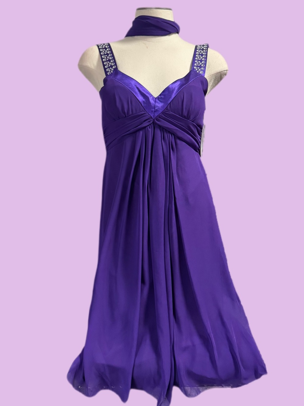 Embellished Strap Purple Midi Dress with Scarf